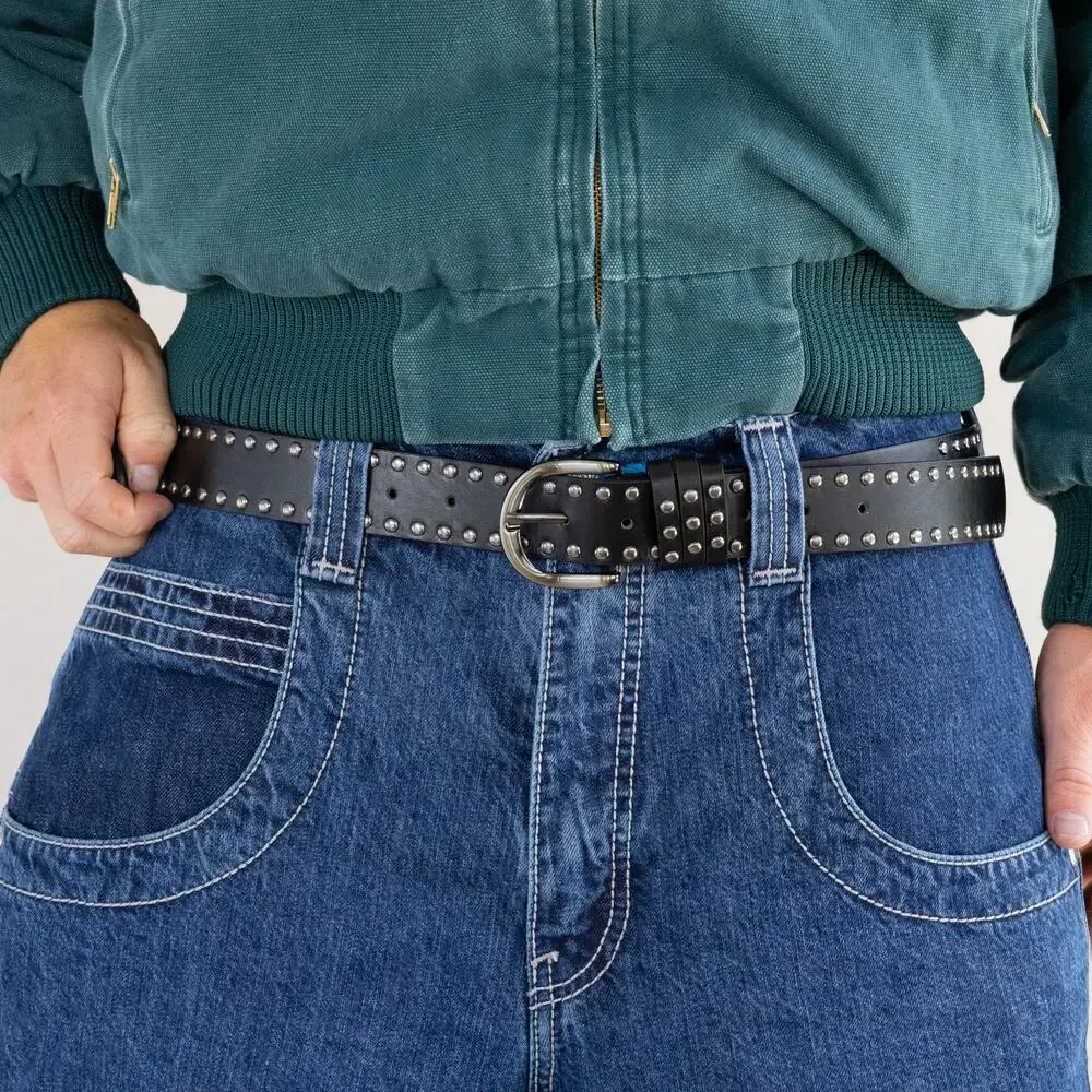 Vintage Black Studded Leather Belt Triple Row Silver Studs Y2K Streetwear Unisex
